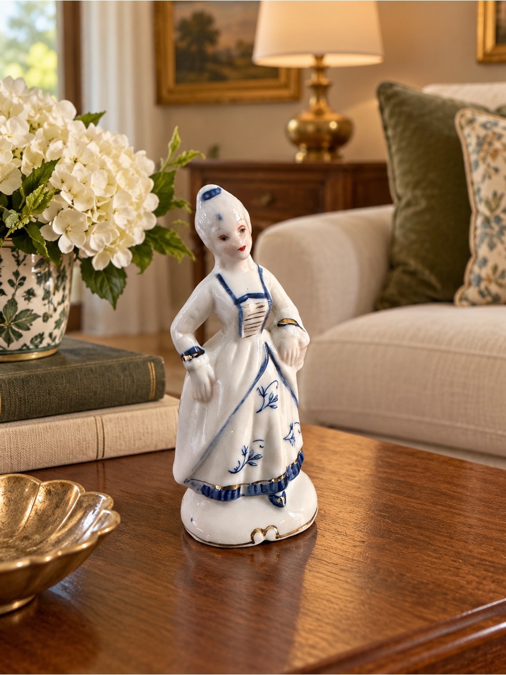 Vintage Porcelain Blue & White Figurine - Home Dining Accent woman